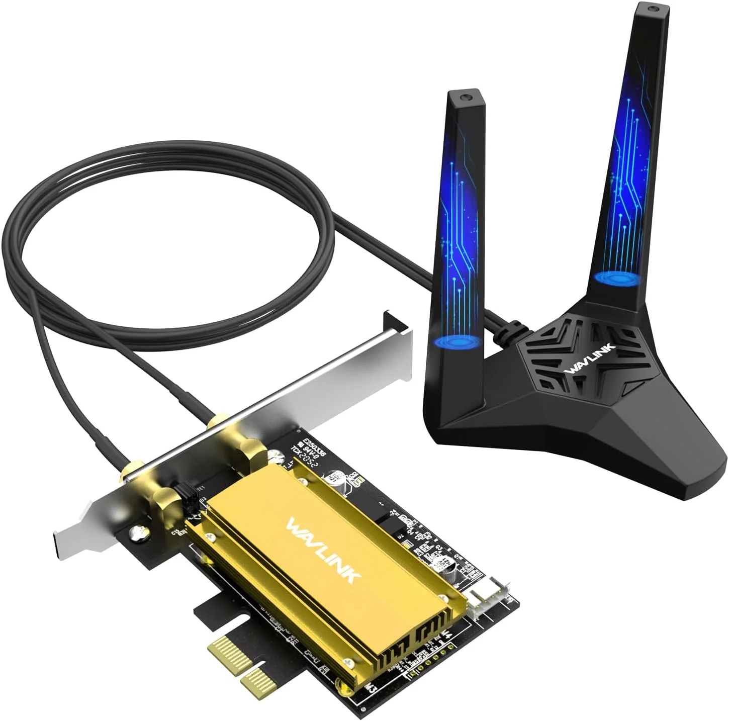 کارت شبکه بی سیم سه بانده WAVLINK PCIe WiFi 6E با آنتن های مغناطیسی، AX5400، بلوتوث 5.3، تراشه AX210، MU-MIMO، WPA3، OFDMA، براکت کم ارتفاع و هیت سینک