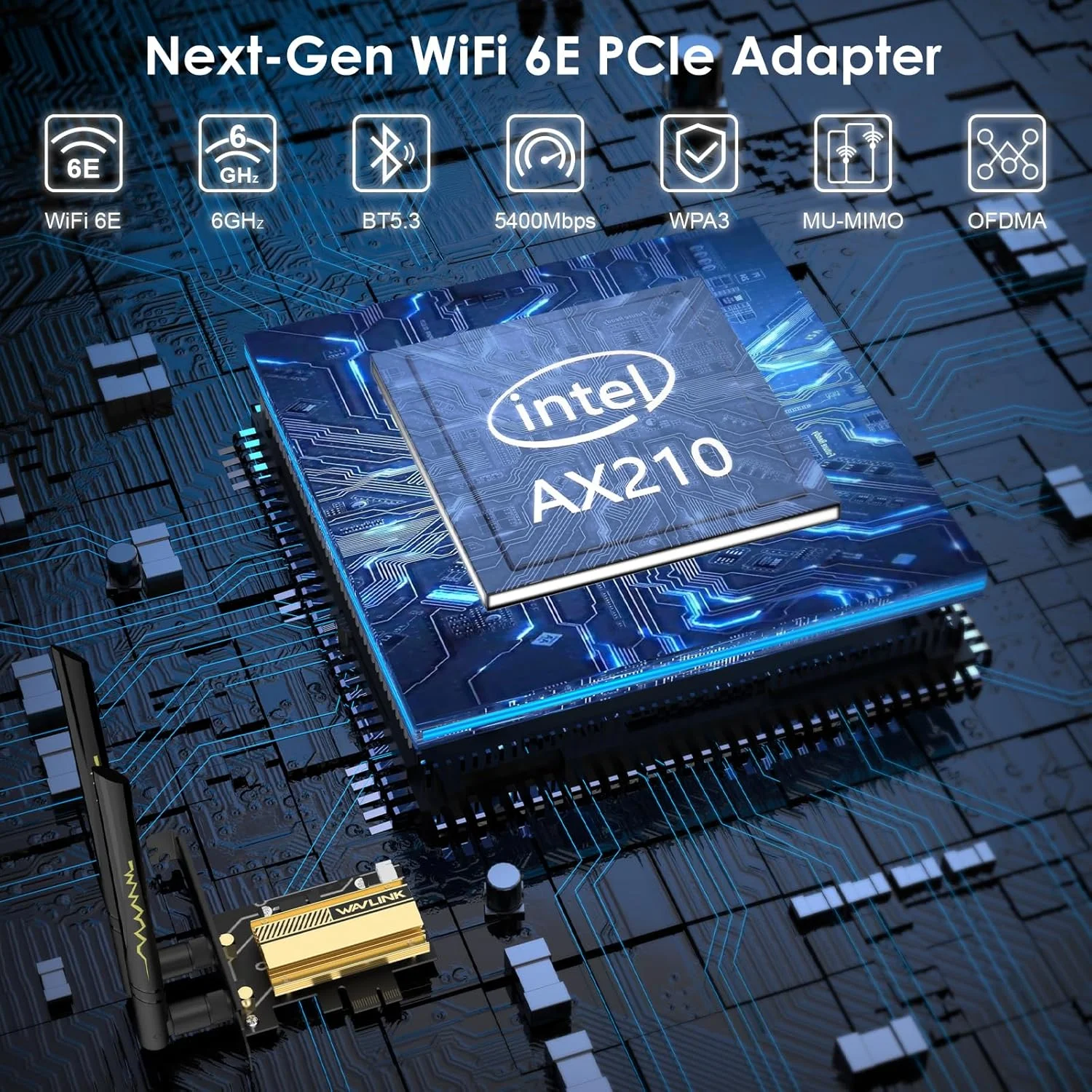 کارت شبکه وای فای 6E پی سی آی اکسپرس WAVLINK AX5400M، آداپتور بی سیم سه بانده AX210 با بلوتوث 5.3، MU-MIMO، WPA3، OFDMA، براکت کم ارتفاع، هیت سینک برای ویندوز 11/10