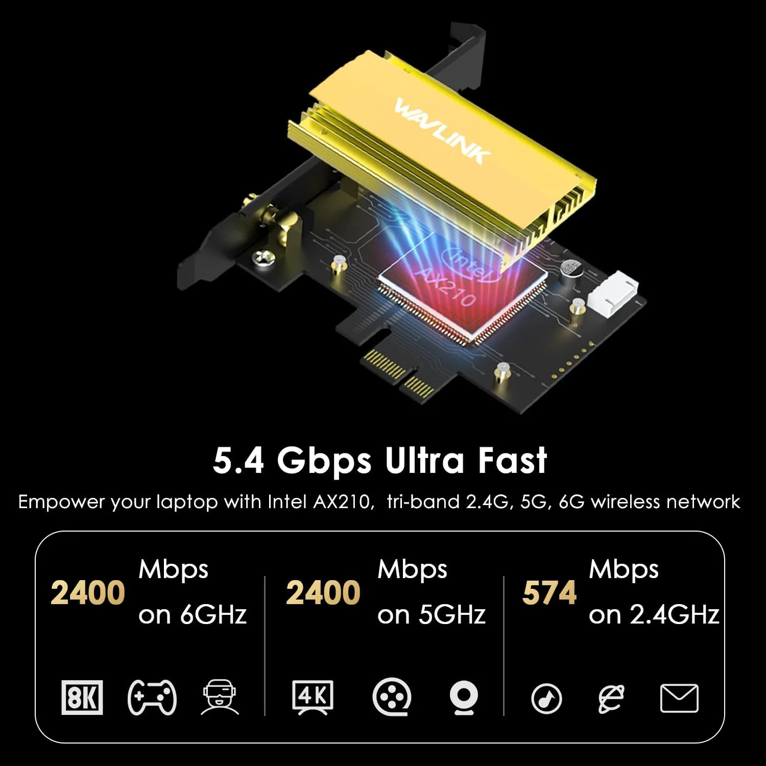 کارت شبکه بی سیم سه بانده WAVLINK PCIe WiFi 6E با آنتن های مغناطیسی، AX5400، بلوتوث 5.3، تراشه AX210، MU-MIMO، WPA3، OFDMA، براکت کم ارتفاع و هیت سینک کارت شبکه بی سیم سه بانده WAVLINK PCIe WiFi 6E با آنتن های مغناطیسی، AX5400، بلوتوث 5.3، تراشه AX210، MU-MIMO، WPA3، OFDMA، براکت کم ارتفاع و هیت سینک