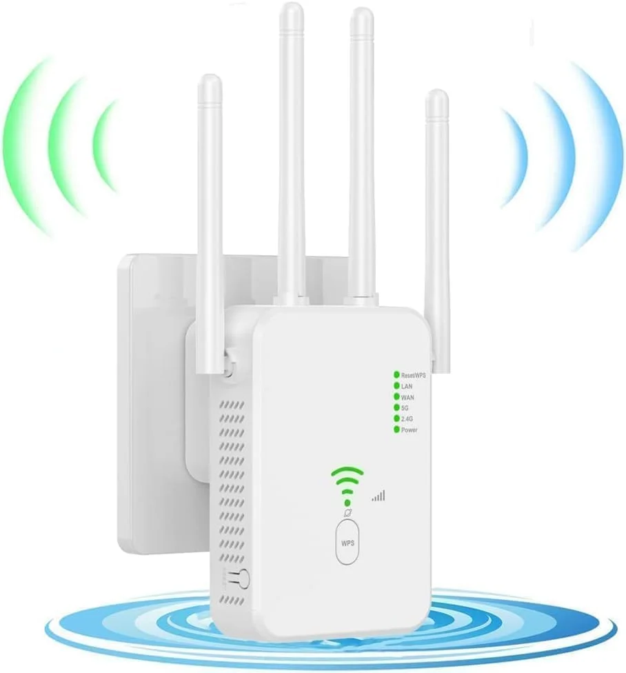 تقویت کننده WiFi دو بانده 1200 مگاپاسکال 2.4G/5G حالت روتر تکرار کننده تقویت کننده سیگنال WiFi، 4 آنتن، پورت های LAN و WAN، تقویت کننده اداری و خانگی، سفید