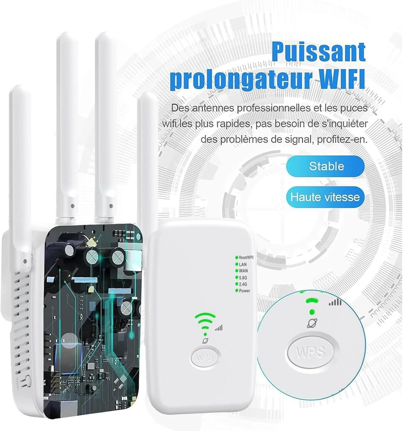تقویت کننده WiFi، 1200 مگابیت در ثانیه، دو بانده 2.4 گیگاهرتز و 5 گیگاهرتز، پورت اترنت، حالت تکرار کننده/AP/روتر (سفید)