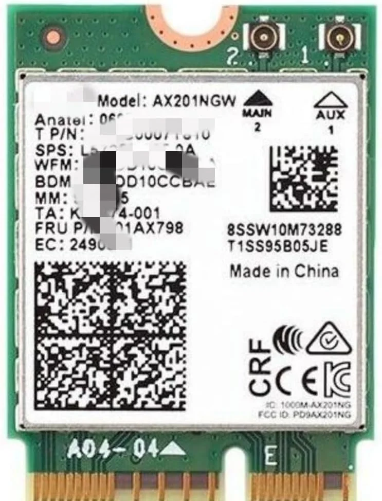 کارت شبکه بی‌سیم Wi-Fi 6 AX201 (Gig+) دو بانده 2.4 و 5 گیگاهرتز (160 مگاهرتز) 2.4 گیگابیت بر ثانیه (802.11ax) بلوتوث 5.2 آداپتور M.2 CNVio2