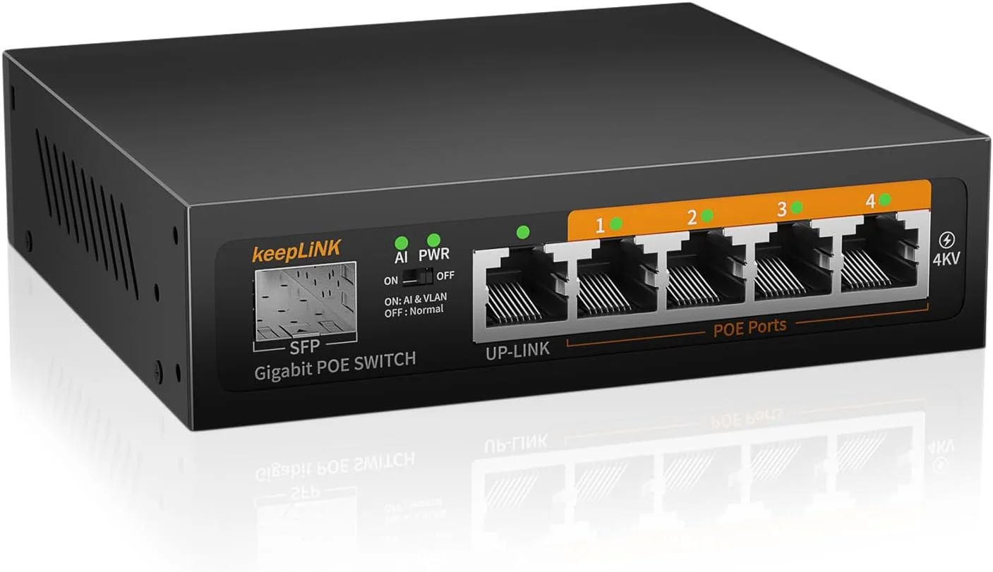 سوئیچ 6 پورت گیگابیتی PoE، دارای 4 پورت PoE+ با سرعت 1000 مگابیت بر ثانیه، 1 آپلینک گیگابیتی، 1 اسلات SFP، توان 52 وات 802.3af/at، حالت VLAN، فلزی بدون فن، سوئیچ PoE هوش مصنوعی غیرقابل مدیریت و آماده به کار