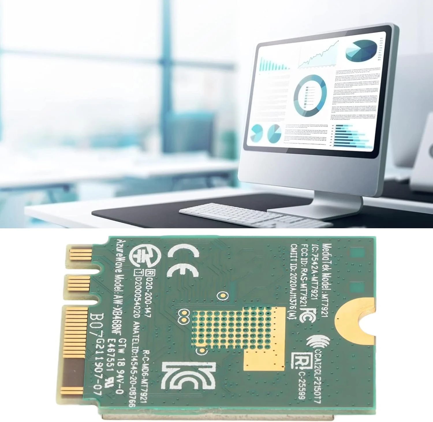 کارت وای فای، کارت بلوتوث 5.2 M.2 NGFF با نرخ 1800 مگابیت بر ثانیه، آنتن دو بانده WIFI6 برای 10 و 11