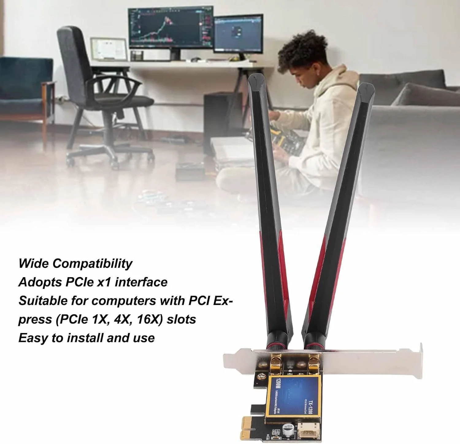 آداپتور وایرلس 7260AC WiFi، 2.4GHz 5GHz 4.0 1200Mbps PCIe X1 با دو آنتن 10dBi برای کامپیوتر