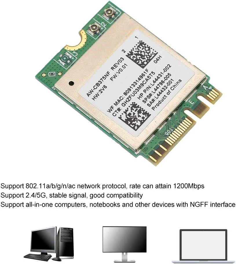 آداپتور شبکه بی‌سیم، دو بانده 2.4G/5Ghz حداکثر 867Mbps NGFF M2 بلوتوث 5.0، سازگار با 802.11AC/B/G/N/A، RTL8822CE