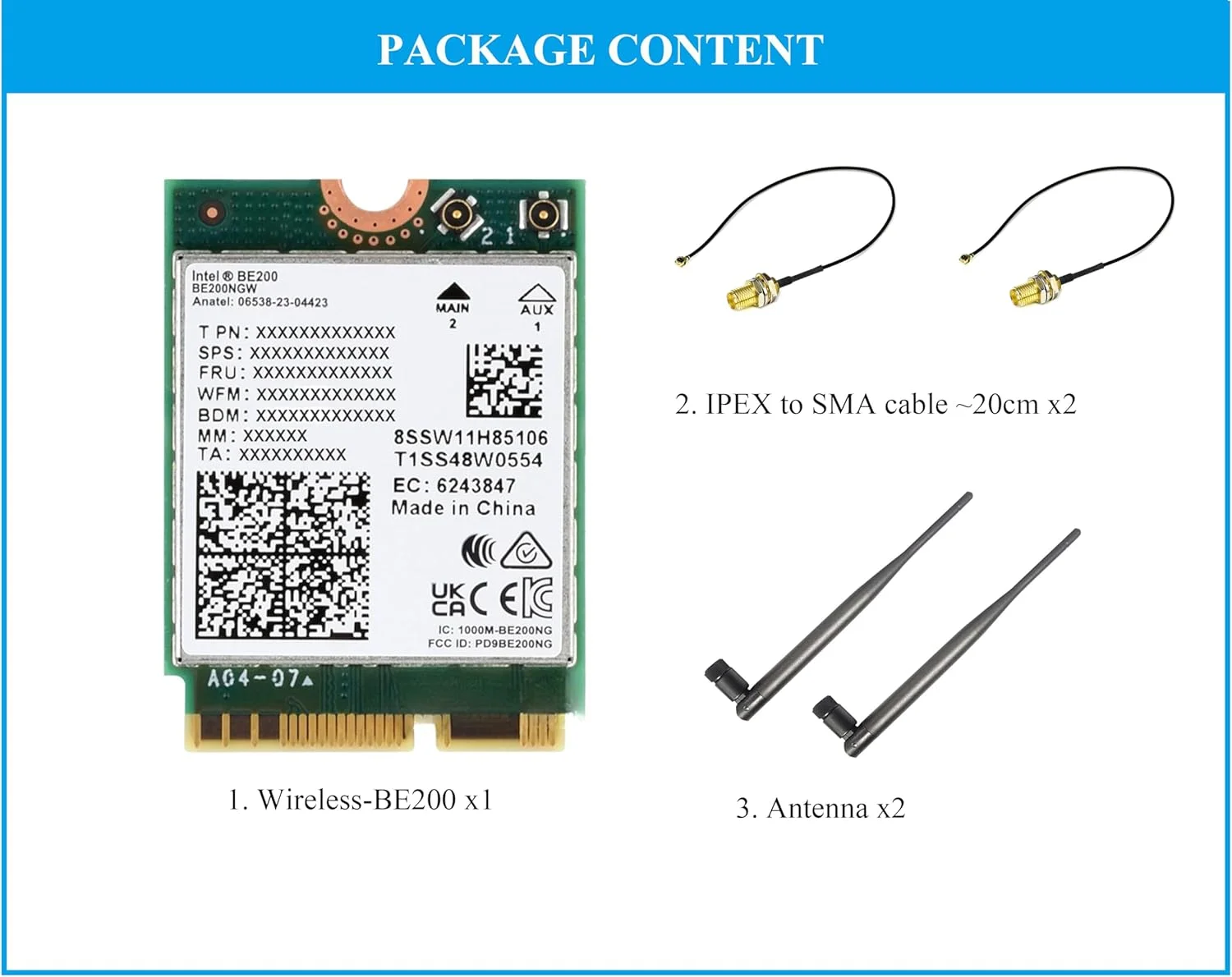 کارت شبکه بی‌سیم WiFi 7 مدل BE200 NIC گیگابیتی سه بانده Wi-Fi 7 با فرکانس‌های 2.4G/5G/6GHz و سرعت 5800Mbps M.2/NGFF، استاندارد IEEE 802.11a/b/g/n/ac/be/ax، بلوتوث 5.4، پشتیبانی از لینوکس، ویندوز 10/11 و غیره.