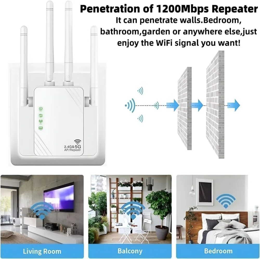 تقویت کننده WiFi آزون، توسعه دهنده WiFi، تقویت کننده WiFi 1200 مگابیت بر ثانیه، دو باند WiFi خانگی 5 گیگاهرتز و 2.4 گیگاهرتز، تا 370 متر مربع و 45 دستگاه، حالت تکرار کننده/روتر/AP، راه اندازی سریع، دوشاخه های UK