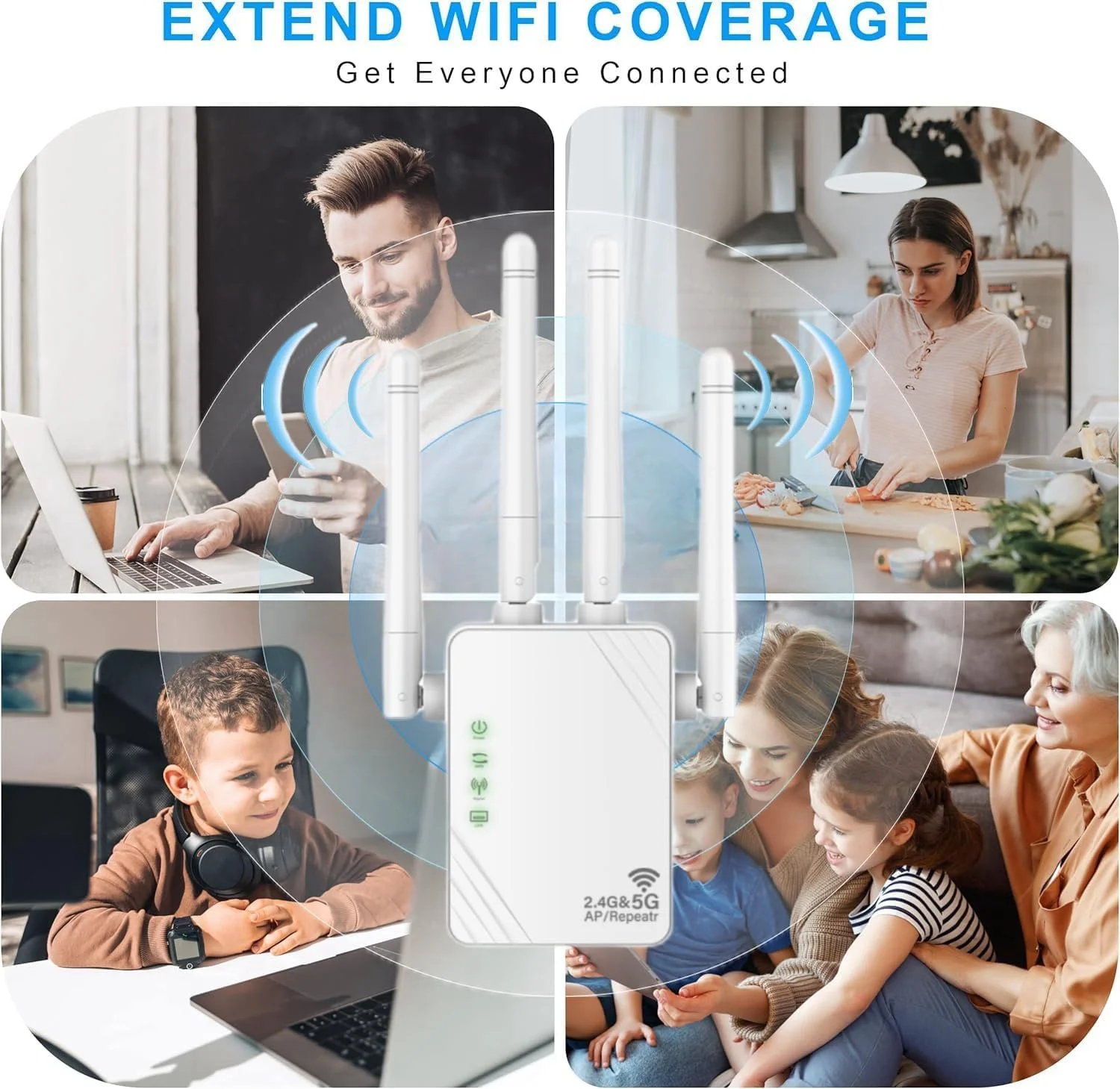تقویت کننده WiFi آزون، توسعه دهنده WiFi، تقویت کننده WiFi 1200 مگابیت بر ثانیه، دو باند WiFi خانگی 5 گیگاهرتز و 2.4 گیگاهرتز، تا 370 متر مربع و 45 دستگاه، حالت تکرار کننده/روتر/AP، راه اندازی سریع، دوشاخه های UK