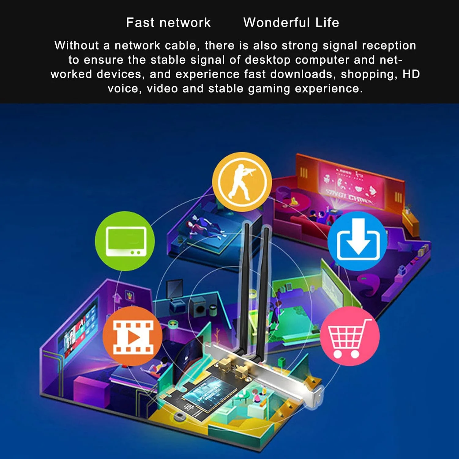 کارت شبکه بی‌سیم 11N، کارت‌های شبکه کامپیوتر، آنتن خارجی 2x5dBi با بهره بالا، با استفاده از تراشه کنترل اصلی با عملکرد بالا