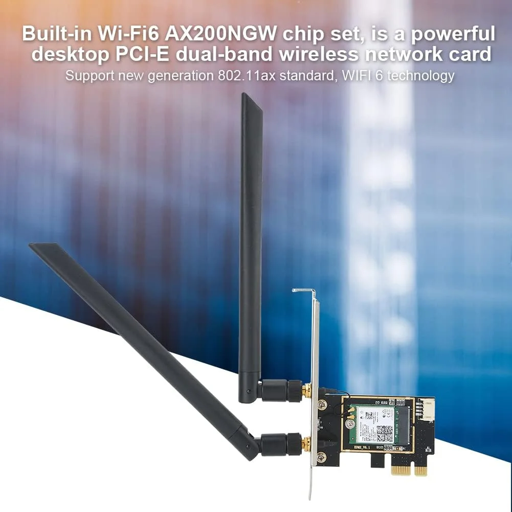 کارت شبکه بیسیم، کارت وایفای دو فرکانسی 2.4/5 گیگاهرتز AX200 بیسیم دو بانده 2974 مگابیت بر ثانیه PCI-E با آنتن وایفای 8DBI با بهره بالا کارت شبکه بیسیم، کارت وایفای دو فرکانسی 2.4/5 گیگاهرتز AX200 بیسیم دو بانده 2974 مگابیت بر ثانیه PCI-E با آنتن وایفای 8DBI با بهره بالا