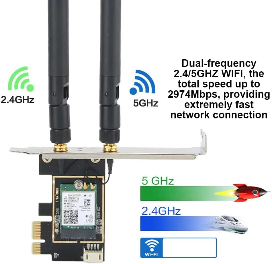 کارت شبکه بیسیم، کارت وایفای دو فرکانسی 2.4/5 گیگاهرتز AX200 بیسیم دو بانده 2974 مگابیت بر ثانیه PCI-E با آنتن وایفای 8DBI با بهره بالا کارت شبکه بیسیم، کارت وایفای دو فرکانسی 2.4/5 گیگاهرتز AX200 بیسیم دو بانده 2974 مگابیت بر ثانیه PCI-E با آنتن وایفای 8DBI با بهره بالا