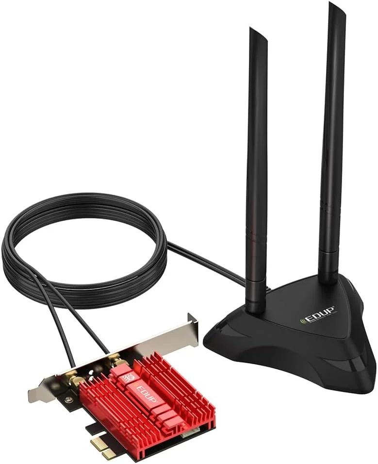 کارت آداپتور شبکه بی سیم PCIE X1 بلوتوث 5.2 وای فای 6E 3000Mbps 2.4G/5G تراشه AX201 با پایه آنتن توسعه یافته برای رایانه رومیزی