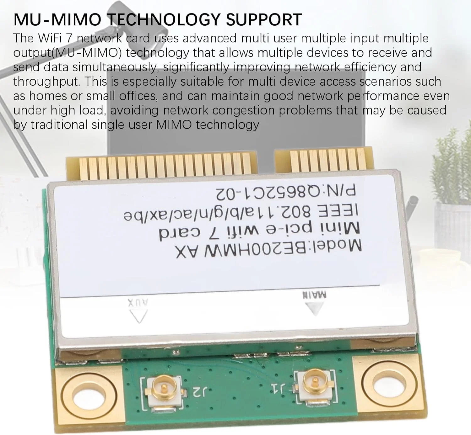 کارت شبکه بی‌سیم WiFi7، سه بانده 2.4G 5.8G 6G 8774Mbps بلوتوث 5.4 مینی آداپتور بی‌سیم PCI E (بدون آنتن)