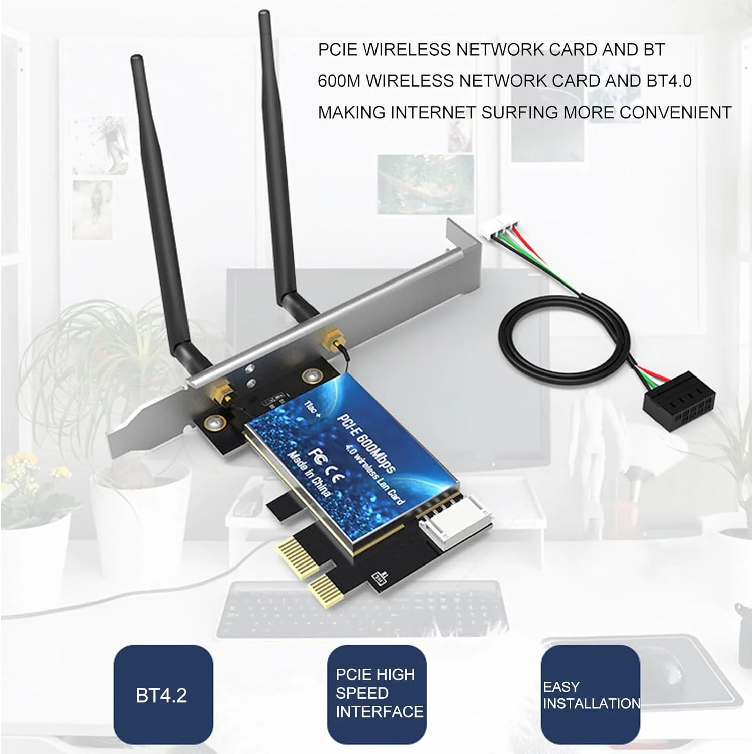 کارت وای فای PCIe با آنتن تقویت شده 600 مگابیت بر ثانیه، کارت بی سیم دو بانده 11AC 5dBi برای 7، برای 8.1، برای 10 و سایر سیستم ها، کارت آداپتور وای فای