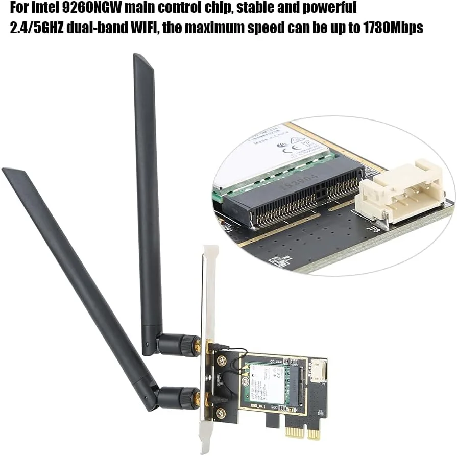 کارت شبکه بیسیم PCI-E دسکتاپ، کارت آداپتور وایفای دو بانده 2.4G/5G با آنتن 8dBi BT 5.0 برای 9260NGW 1730Mbps کارت شبکه بیسیم PCI-E دسکتاپ، کارت آداپتور وایفای دو بانده 2.4G/5G با آنتن 8dBi BT 5.0 برای 9260NGW 1730Mbps