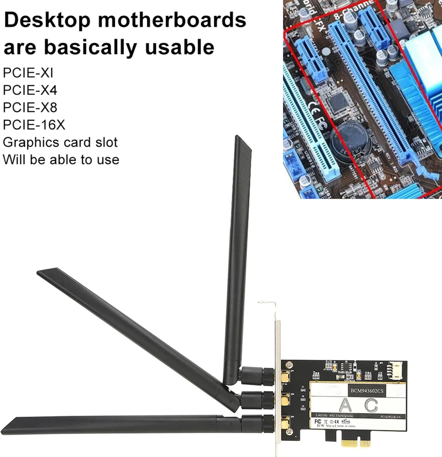 آداپتور وای فای بی سیم رومیزی XUMIUZIY، کارت وایرلس 802.11AC WiFi + برای کارت WLAN PCI E رومیزی + 3 آنتن BCM943602CS آداپتور وای فای بی سیم رومیزی XUMIUZIY، کارت وایرلس 802.11AC WiFi + برای کارت WLAN PCI E رومیزی + 3 آنتن BCM943602CS