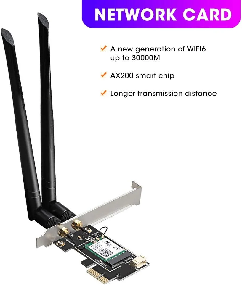 کارت PCI Express وایرلس Wi-Fi 6، کارت آداپتور دو آنتنه، پشتیبانی از MU-MIMO، تا 30000M، برای AX200