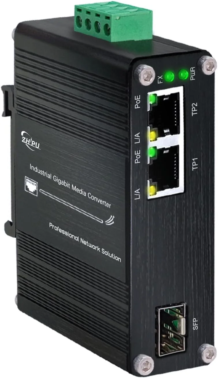 مبدل فیبر نوری گیگابیتی صنعتی کوچک با 2 پورت، پشتیبانی از نصب روی ریل DIN، سوئیچ فیبر PoE+ 30W IEEE 802.3af/at با 2 پورت RJ45 و 1 پورت SFP، ورودی برق 12~48V DC…