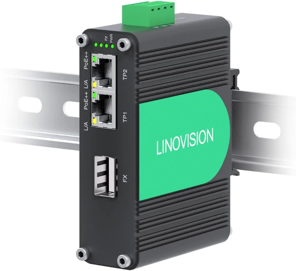 سوئیچ صنعتی 2 پورت گیگابیتی BT90W PoE++ LINOVISION با آپلینک فیبر SFP، سوئیچ مینی PoE IEEE802.3af/at/bt، IP40، انژکتور PoE فشرده برای دوربین PTZ، روشنایی PoE، تلفن VoIP، AP بی سیم