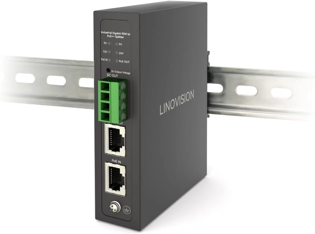 اسپلیتر صنعتی گیگابیتی 90 واتی POE++ لینوویژن با خروجی IEEE802.3bt PoE و DC 5/9/12/24V، نصب ریلی Din، IEEE802.3bt PoE به PoE و DC برای دوربین های PTZ، سیستم های کنترل دسترسی