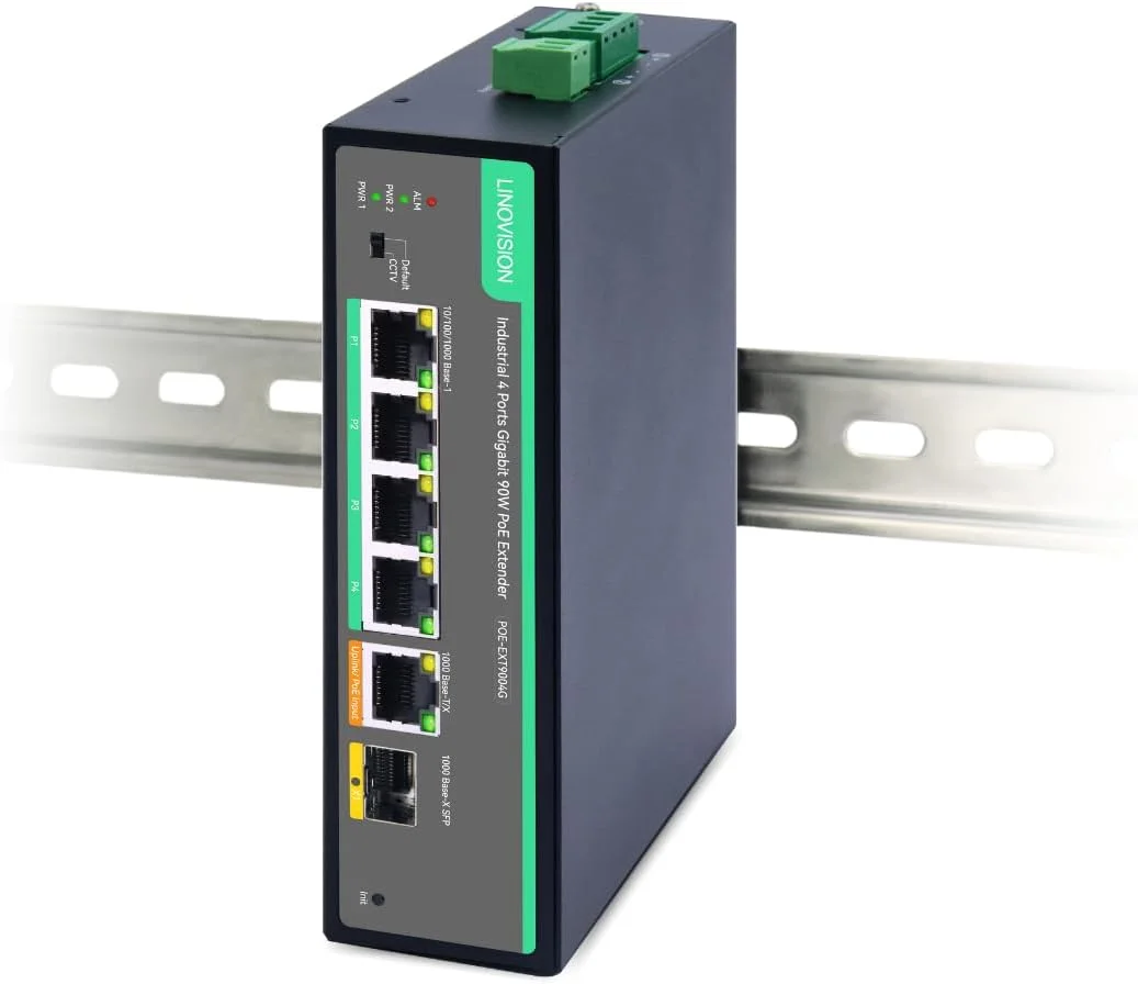 سوئیچ صنعتی 4 پورت گیگابیتی BT90W PoE با قابلیت عبور جریان و توسعه دهنده PoE، استاندارد IEEE802.3af/at/bt، منبع تغذیه DC اختیاری، پورت SFP، سوئیچ PoE با قابلیت نصب روی ریل DIN با پشتیبانی از فاصله طولانی 820 فوت