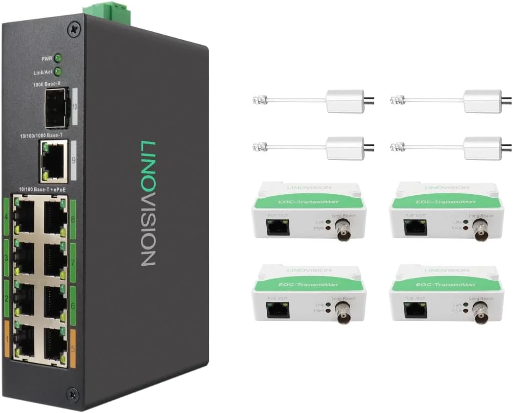 سوئیچ صنعتی 8 پورت EOC و POE لینوویژن با 4 عدد فرستنده EOC، PoE با برد بلند از طریق کابل کواکسیال یا UTP، سیم کشی ساده، ارتقاء سیستم آنالوگ به سیستم نظارت IP