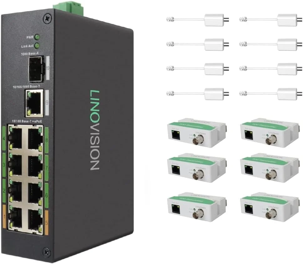 سوئیچ صنعتی 8 پورت EOC و POE LINOVISION با 6 فرستنده EOC، PoE برد بلند از طریق کابل کواکسیال یا UTP، سیم کشی ساده، ارتقاء سیستم آنالوگ به سیستم نظارت IP