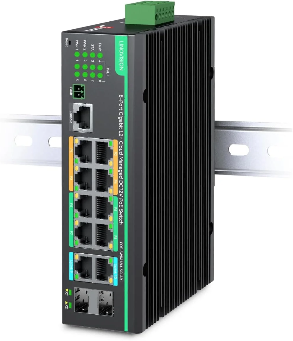 سوییچ صنعتی 12 پورت L2+ با قابلیت مدیریت ابری و ورودی برق اضافی DC8~57V، سوییچ PoE خورشیدی گیگابیتی کامل، سوییچ PoE 12 ولت با آلارم رله، IEEE802.3af/at، بودجه کل PoE 240W