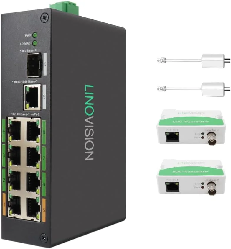 سوئیچ صنعتی 8 پورت EOC و POE لینویژن با 2 عدد فرستنده EOC، PoE برد بلند از طریق کابل کواکسیال یا UTP، سیم کشی ساده، ارتقاء سیستم آنالوگ به سیستم نظارت IP