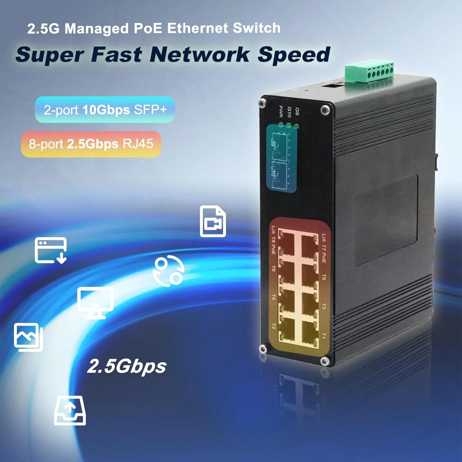 سوئیچ مدیریتی 8 پورت 2.5G با 2 پورت 10G SFP+، سوئیچ اترنت صنعتی IEEE 802.3af/at 30W PoE، ورودی برق 48~57VDC، Plug & Play، پشتیبانی از QoS، Vlan، IGMP