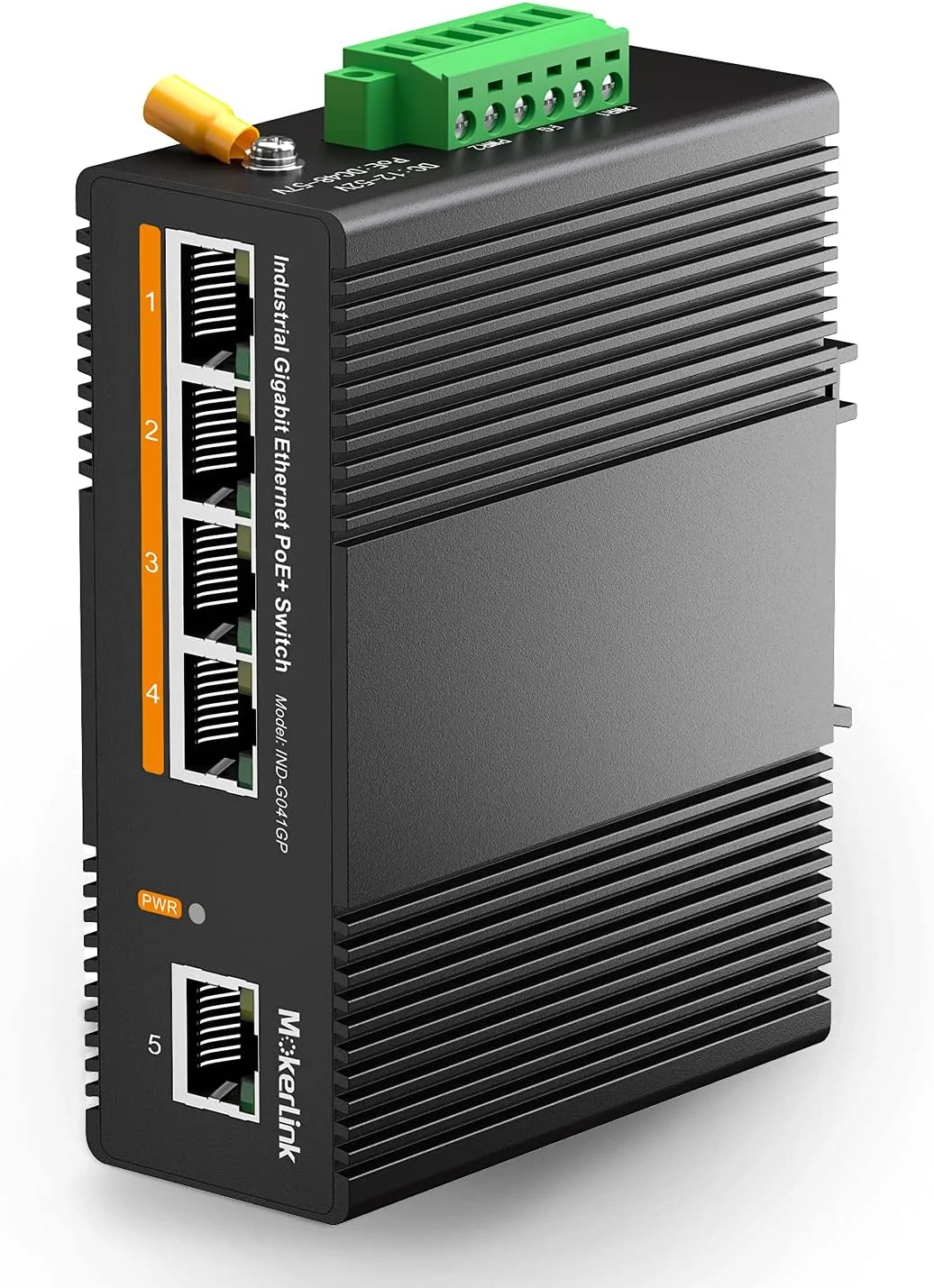 سوئیچ اترنت صنعتی ریلی DIN گیگابیتی 5 پورت MokerLink، ظرفیت سوئیچینگ 14 گیگابیت بر ثانیه، سوئیچ شبکه دارای استاندارد IP40 (40- تا 85 درجه سانتیگراد)، با منبع تغذیه UL