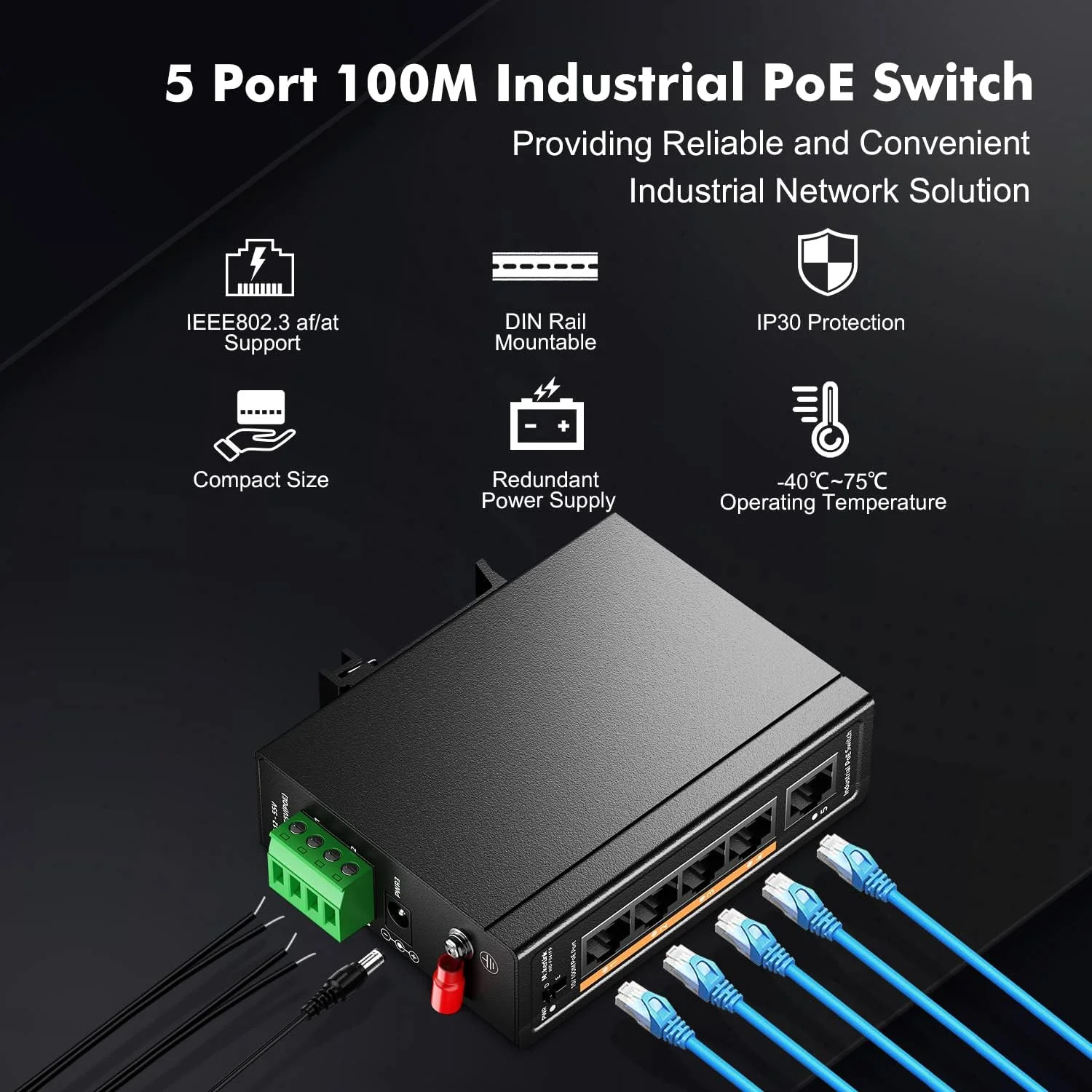 سوئیچ صنعتی 5 پورت PoE MokerLink، نصب روی ریل DIN، 4 پورت PoE+ IEEE802.3af/at، 1 پورت Uplink، اترنت سریع 10/100 مگابیت بر ثانیه، نصب روی ریل DIN و دیوار، بدنه فلزی