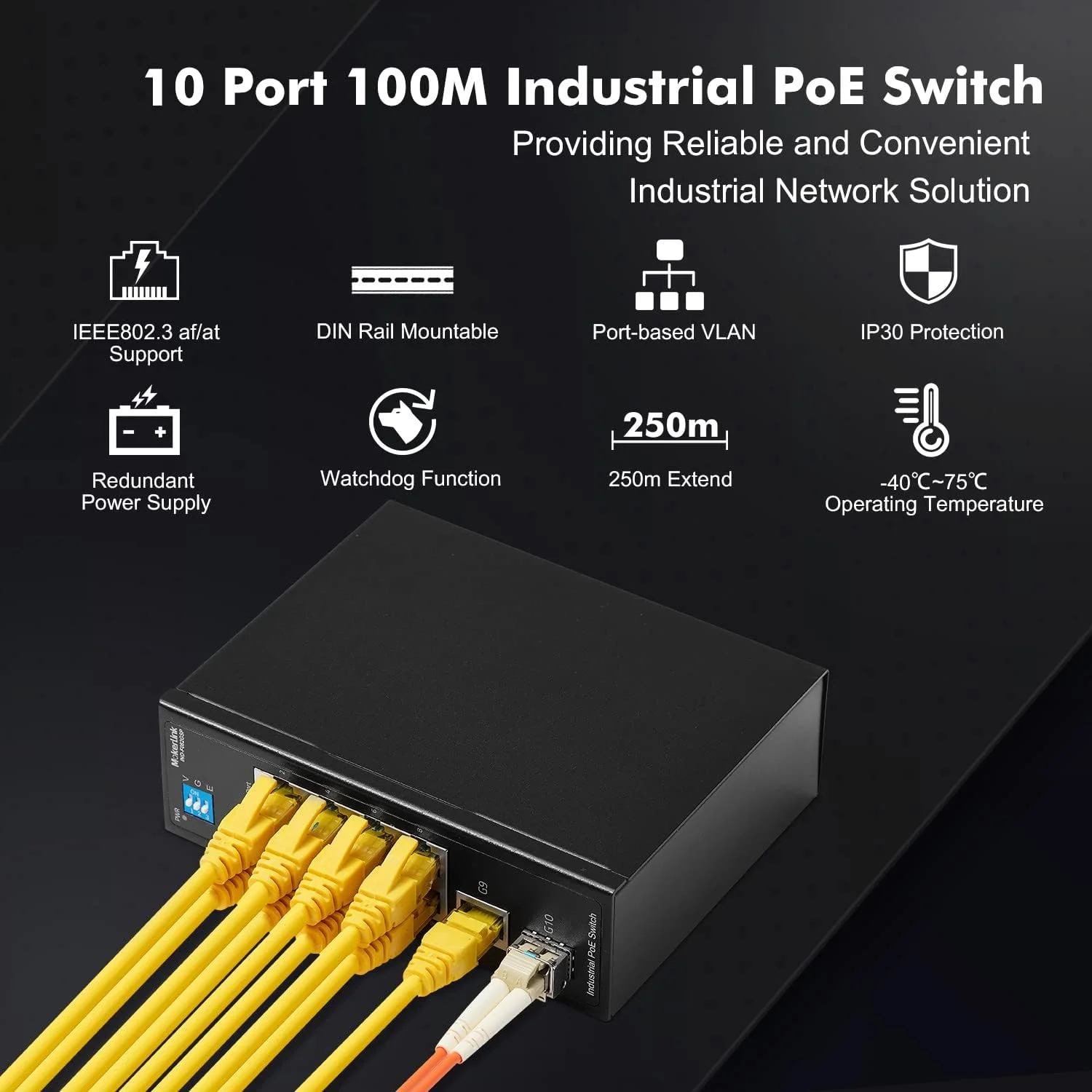 سوئیچ صنعتی ریلی دین 10 پورت MokerLink PoE، دارای 8 پورت PoE+ 100Mbps IEEE802.3af/at، 1 گیگابیت اترنت و 1 آپلینک SFP، حالت Vlan و توسعه، نصب روی ریل DIN و دیوار