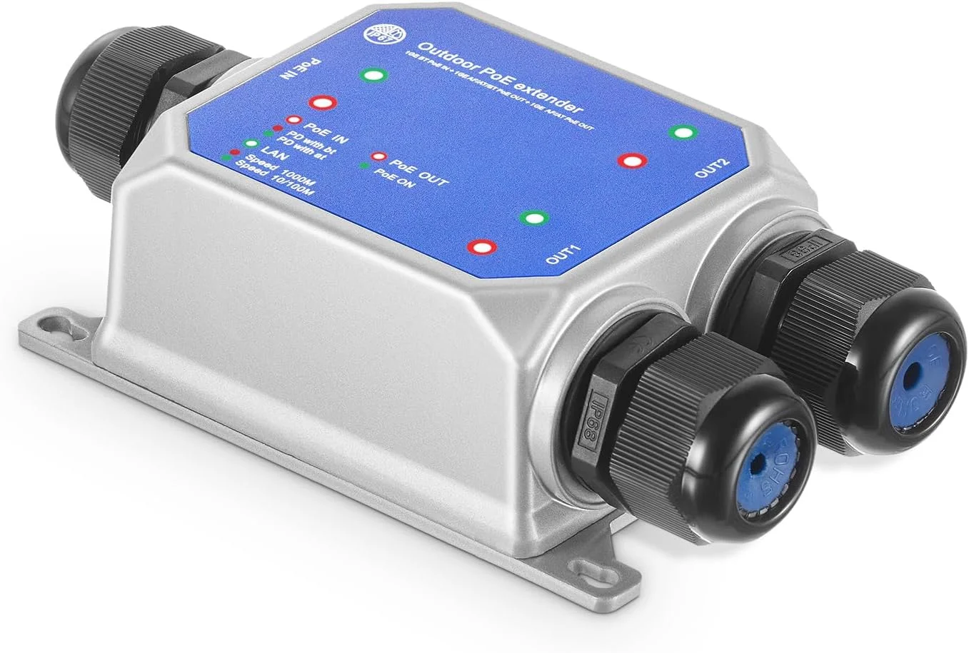 توسعه دهنده PoE گیگابیتی 3 پورت MokerLink IP67 مناسب فضای باز، IEEE802.3af/at/BT PoE 90W، 10/100/1000Mbps، 1 ورودی PoE و 2 خروجی PoE، سوئیچ انتقال PoE فلزی ضد آب با قابلیت نصب روی دیوار