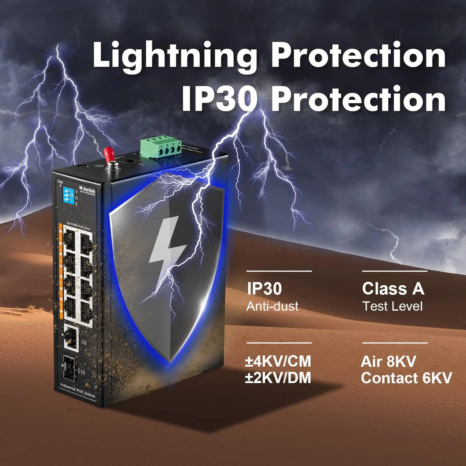 سوئیچ صنعتی ریلی دین 10 پورت MokerLink PoE، دارای 8 پورت PoE+ 100Mbps IEEE802.3af/at، 1 گیگابیت اترنت و 1 آپلینک SFP، حالت Vlan و توسعه، نصب روی ریل DIN و دیوار