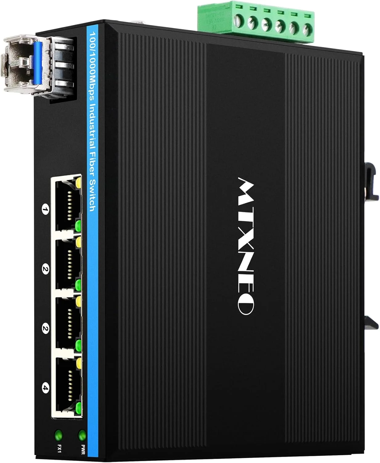 سوئیچ فیبر صنعتی 4 پورت گیگابیتی SFP مدل mtxneo با نصب ریلی Din به همراه یک فرستنده و گیرنده SFP با فیبر دوگانه SM تا 20 کیلومتر برای استفاده در فضای باز