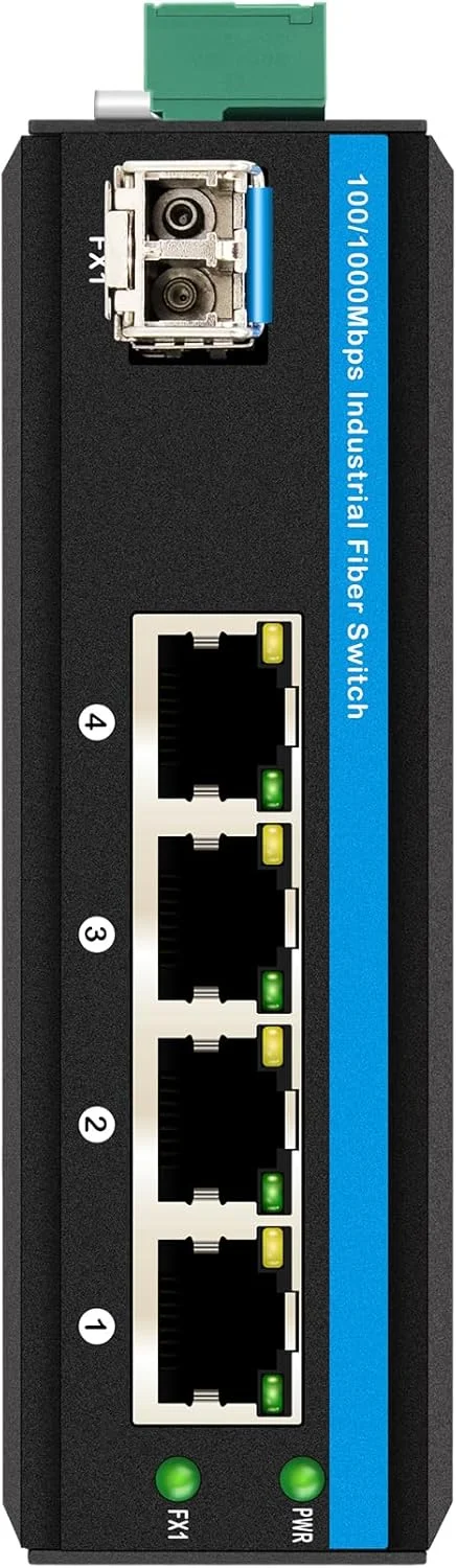 سوئیچ فیبر صنعتی 4 پورت گیگابیتی SFP مدل mtxneo با نصب ریلی Din به همراه یک فرستنده و گیرنده SFP با فیبر دوگانه SM تا 20 کیلومتر برای استفاده در فضای باز