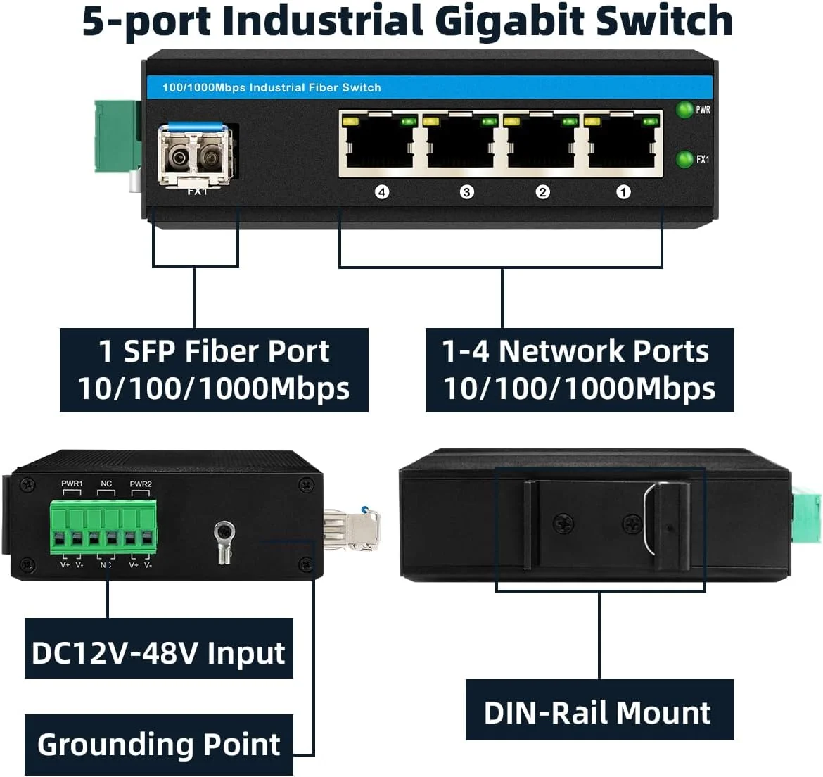 سوئیچ فیبر صنعتی 4 پورت گیگابیتی SFP مدل mtxneo با نصب ریلی Din به همراه یک فرستنده و گیرنده SFP با فیبر دوگانه SM تا 20 کیلومتر برای استفاده در فضای باز