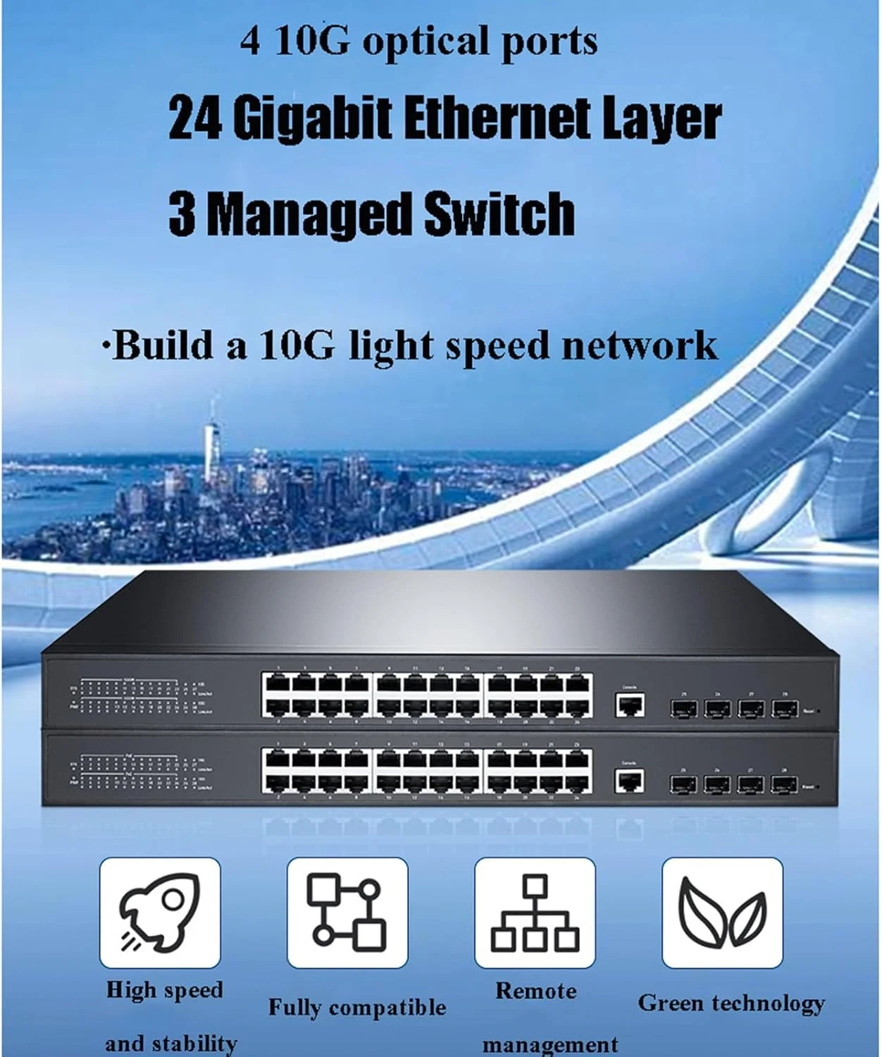 سوئیچ شبکه مدیریتی سه لایه 24 گیگابیتی OSMARI با 4 پورت نوری 10G که می تواند چندین دستگاه را به هم متصل کند