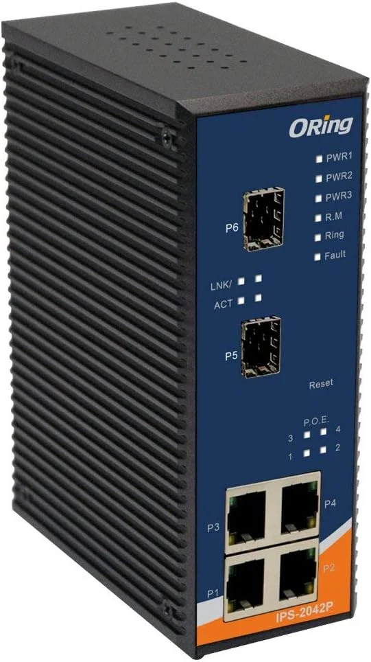 سوییچ اترنت PoE صنعتی لایت-مدیریت شده 6 پورت ORing IPS-2042P با 4 پورت 10/100Base-T(X) P.S.E. و 2 پورت 100Base-FX، سوکت SFP