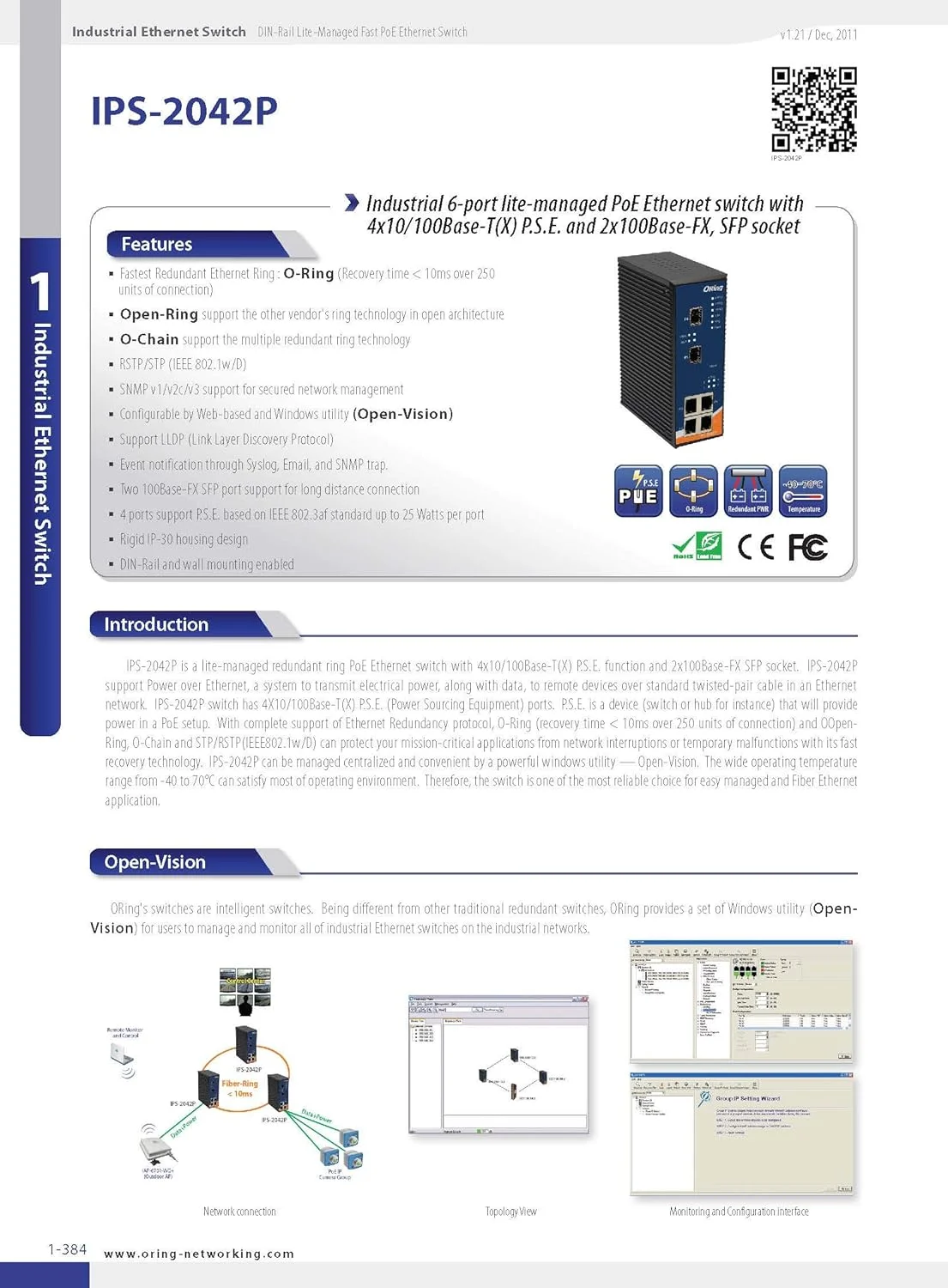 سوییچ اترنت PoE صنعتی لایت-مدیریت شده 6 پورت ORing IPS-2042P با 4 پورت 10/100Base-T(X) P.S.E. و 2 پورت 100Base-FX، سوکت SFP