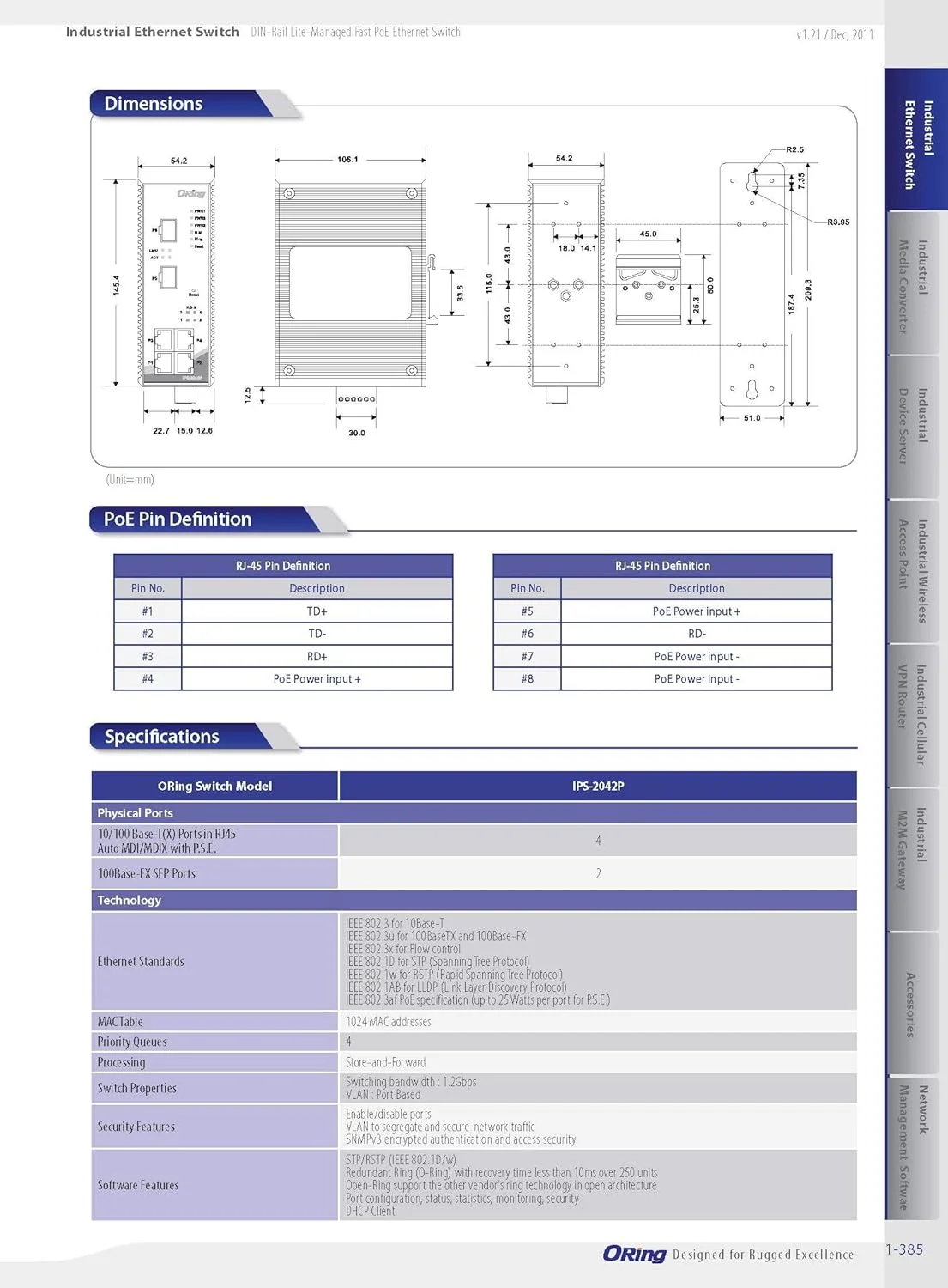 سوییچ اترنت PoE صنعتی لایت-مدیریت شده 6 پورت ORing IPS-2042P با 4 پورت 10/100Base-T(X) P.S.E. و 2 پورت 100Base-FX، سوکت SFP