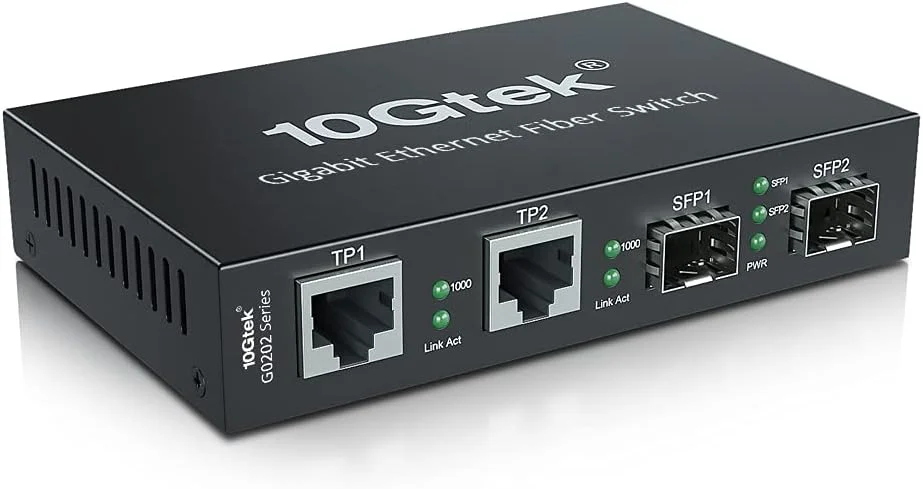 مبدل رسانه اترنت گیگابیتی 10Gtek، 1.25 گیگابیت بر ثانیه، پشتیبانی از مینی 2x 10/100/1000Base-T RJ45 شبکه های اترنت به 2x 1000Base-X SFP فیبر بدون فرستنده گیرنده