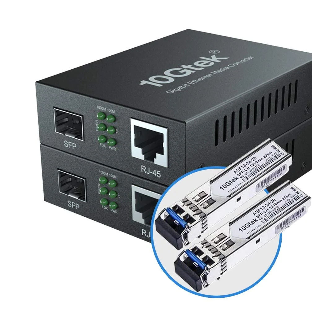 مبدل رسانه اترنت گیگابیتی 10Gtek، فیبر LC دوگانه تک حالته به مبدل اترنت RJ45 برای 10/100/1000Base-Tx به 1000Base-LX، دارای گواهینامه UL، 1310 نانومتر، تا 20 کیلومتر، بسته 2 عددی