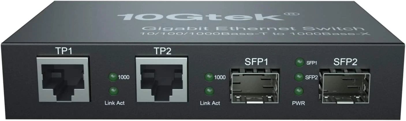مبدل رسانه اترنت گیگابیتی 10Gtek، 1.25 گیگابیت بر ثانیه، پشتیبانی از مینی 2x 10/100/1000Base-T RJ45 شبکه های اترنت به 2x 1000Base-X SFP فیبر بدون فرستنده گیرنده