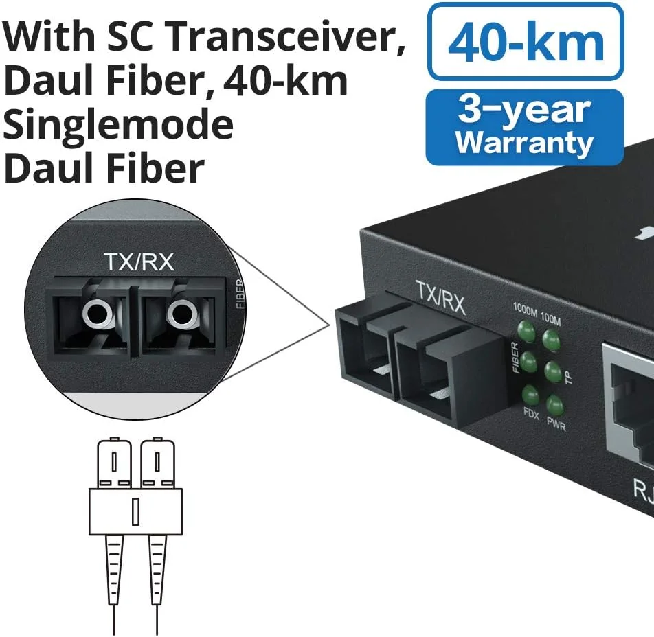 مبدل رسانه اترنت گیگابیتی 10Gtek، فیبر SC دوگانه تک حالته، 1000Base-EX به 10/100/1000Base-Tx، تا 40 کیلومتر