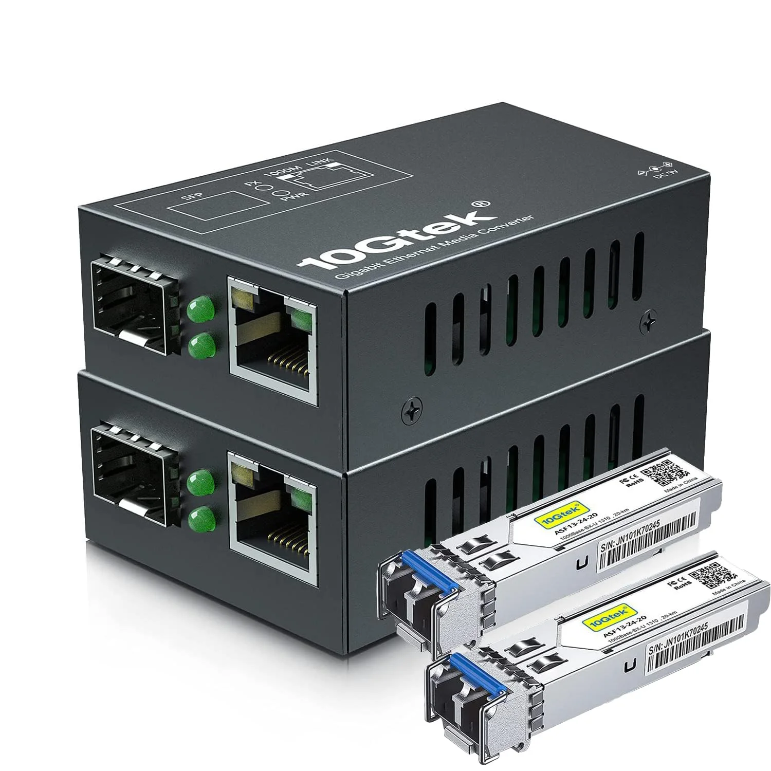 مبدل اترنت گیگابیتی 10Gtek [سایز مینی]، مبدل فیبر نوری تک حالته دوگانه LC به اترنت RJ45 برای 10/100/1000Base-Tx به 1000Base-LX (همراه با ماژول SFP SMF 1310 نانومتری)، تا 20 کیلومتر، بسته 2 عددی