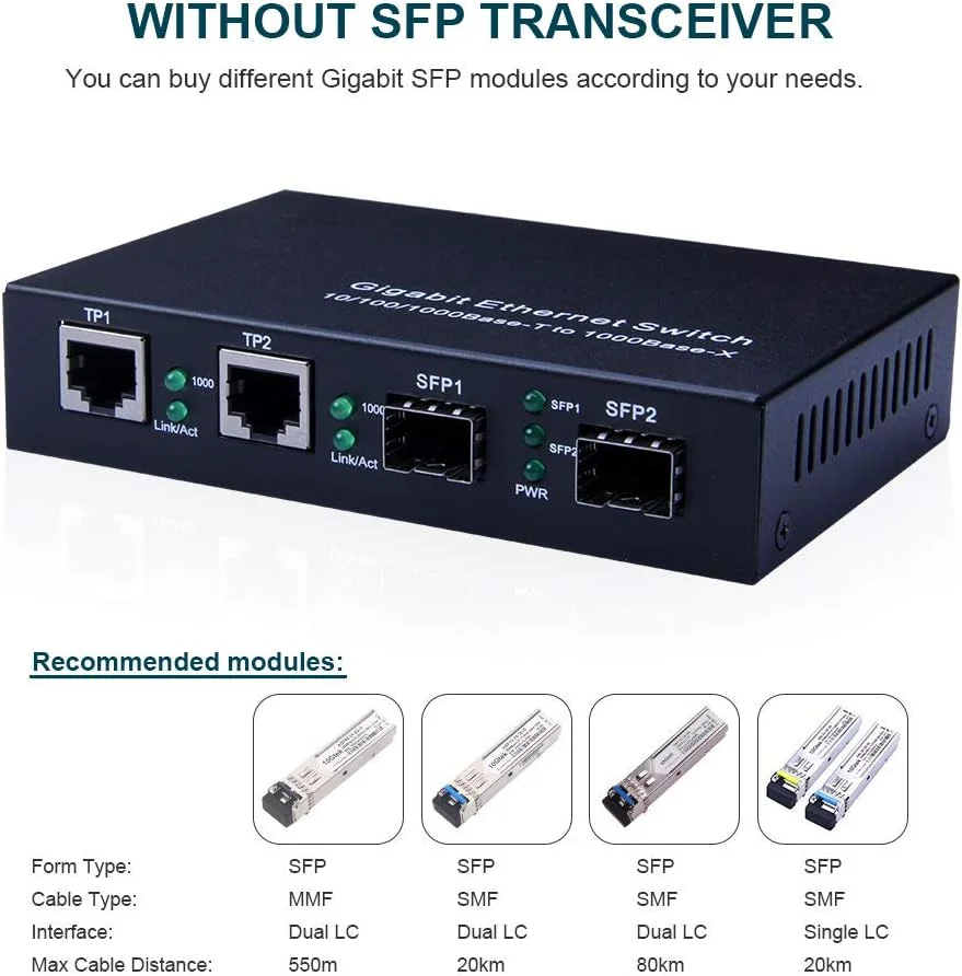 مبدل رسانه اترنت گیگابیتی 10Gtek، 1.25 گیگابیت بر ثانیه، پشتیبانی از مینی 2x 10/100/1000Base-T RJ45 شبکه های اترنت به 2x 1000Base-X SFP فیبر بدون فرستنده گیرنده