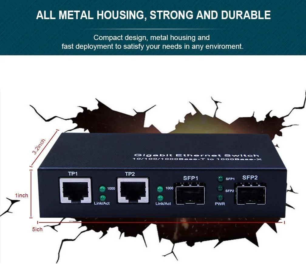 مبدل رسانه اترنت گیگابیتی 10Gtek، 1.25 گیگابیت بر ثانیه، پشتیبانی از مینی 2x 10/100/1000Base-T RJ45 شبکه های اترنت به 2x 1000Base-X SFP فیبر بدون فرستنده گیرنده